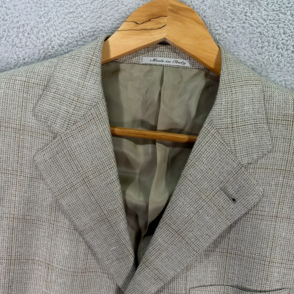 Vintage Canali Proposta Mens 38R Blazer Beige Silk Linen Wool Plaid Coat Italy